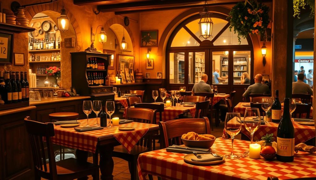A warm, cozy trattoria in the heart of Italy, bathed in the golden glow of candlelight. Rustic wooden tables adorned with checkered tablecloths, freshly baked bread, and a selection of local wines. In the background, the sounds of clinking glasses and lively conversation create a vibrant atmosphere. The aroma of simmering tomato sauce, fresh basil, and sizzling seafood fills the air, transporting you to the vibrant culinary traditions of the Mediterranean. Weathered terracotta tiles line the floor, while large arched windows offer glimpses of a bustling Italian street outside. This is the essence of Italian cuisine, a harmonious blend of simplicity, quality, and joie de vivre.