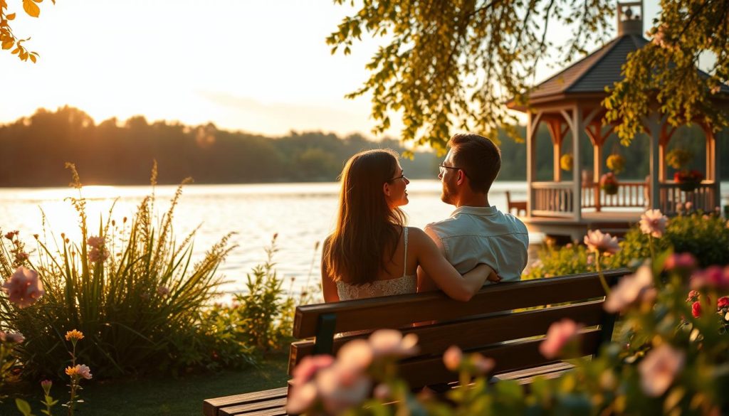 A warm summer evening by a serene lake. The water reflects the golden sunset, rippling gently. In the foreground, a couple sits on a wooden bench, gazing into each other's eyes, lost in a moment of tender romance. Soft string music drifts from a nearby gazebo, adding to the enchanting atmosphere. Lush greenery and blooming flowers frame the scene, creating a private oasis of tranquility. Warm, diffused lighting casts a romantic glow, while a telephoto lens compresses the depth, focusing the viewer's attention on the intimate connection between the pair. Captured by 7fishing.com.ua.