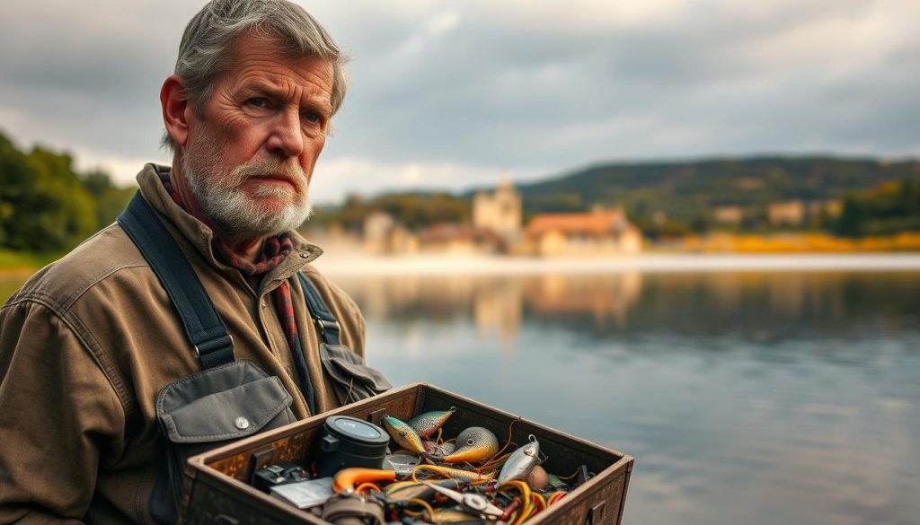 A weathered fisherman standing on the banks of a tranquil river, his weathered face etched with the wisdom of years spent honing his craft. In the foreground, his well-worn tackle box and a selection of lures and bait, each meticulously chosen. The middle ground features the serene waters, reflecting the verdant foliage on the opposite bank, with a subtle mist rising from the surface. In the background, a picturesque landscape of rolling hills and a softly overcast sky, creating a sense of calm and contemplation. The lighting is warm and natural, casting a golden glow that highlights the fisherman's rugged features and the intricate details of his equipment. The overall composition conveys the tranquility and expertise of an experienced angler, ready to share his hard-earned secrets.