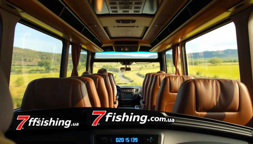A well-appointed modern bus interior with plush seating, overhead storage, and large windows offering scenic views. Warm, diffused lighting creates a cozy, inviting atmosphere. In the foreground, the 7fishing.com.ua logo is prominently displayed on the dashboard, reflecting the brand's commitment to comfortable, safe bus travel. The middle ground showcases the spacious, clean cabin layout with ample legroom. In the background, lush countryside landscapes roll by, hinting at the picturesque destinations awaiting passengers on their journey. The overall mood is one of relaxation, security, and anticipation for an enjoyable bus tour experience.
