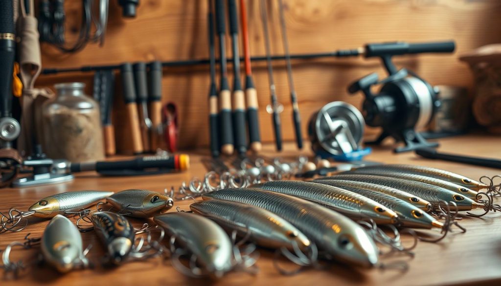 A well-equipped angler's workbench, neatly arranged with essential pike fishing gear. In the foreground, a selection of shiny metal lures and hooks glint under warm studio lighting. The middle ground showcases meticulously organized rod and reel combos, ready for the next cast. In the background, a backdrop of earthy tones and woodgrain textures evokes the tranquil Ukrainian wilderness where the pike hunt awaits. The overall scene conveys a sense of preparation, expertise, and anticipation for an immersive, safe, and successful pike fishing adventure.