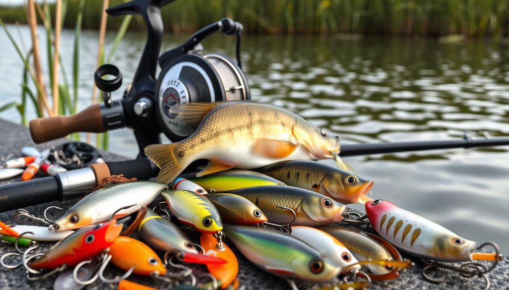 A well-equipped fishing tackle setup for catching perch, featuring an array of lures, hooks, and other essential gear. The foreground showcases a selection of lifelike soft plastic baits, metal spoons, and jointed crankbaits in a variety of vibrant colors and patterns designed to attract the attention of this popular freshwater gamefish. In the middle ground, a high-quality spinning reel is mounted on a sensitive graphite rod, ready to cast the tempting lures into the water. The background depicts a peaceful lakeside setting, with tall reeds and a tranquil, rippling surface hinting at the ideal habitat for perch.