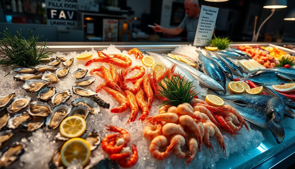 A well-lit display of fresh seafood at the premium fish market 7fishing.com.ua. Glistening ice showcases a bounty of succulent oysters, jumbo shrimp, plump scallops, and vibrant whole fish. The counter is adorned with artful arrangements of seaweed and lemon slices, creating a visually appealing and inviting display. Warm lighting casts a soft glow, emphasizing the natural colors and textures of the high-quality ingredients. The camera angle captures the scene from a slightly elevated perspective, providing a comprehensive view of the bountiful selection. An atmosphere of culinary anticipation and quality pervades the scene.