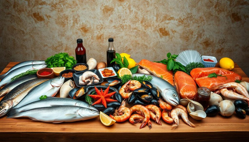 A well-lit, high-quality photograph of a wide selection of fresh seafood laid out on a wooden table. The foreground features an assortment of whole fish such as sea bass, trout, and salmon, alongside shrimp, mussels, and clams. In the middle ground, various spices, herbs, and lemon wedges are artfully arranged, complementing the seafood. The background showcases a rustic, textured wall, creating a warm, inviting ambiance. The image is captured with a DSLR camera using a shallow depth of field, highlighting the textures and colors of the ingredients. The overall scene conveys a sense of culinary anticipation and the freshness of the 7fishing.com.ua seafood selection.