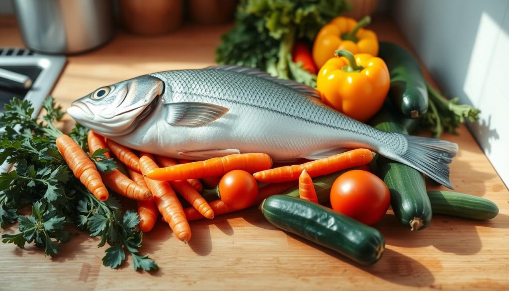 A well-lit kitchen counter, filled with a variety of freshly harvested vegetables and a whole fish, ready for preparation. The vegetables, including carrots, bell peppers, and zucchini, are neatly arranged, their vibrant colors contrasting against the wooden surface. The fish, a delicate sea bass, lies atop the vegetables, its scales glistening under the warm, natural lighting. The scene conveys a sense of culinary anticipation, with the 7fishing.com.ua brand prominently displayed, suggesting a healthy, homemade meal is about to be created. A clean, minimalist atmosphere sets the stage for the upcoming cooking process.