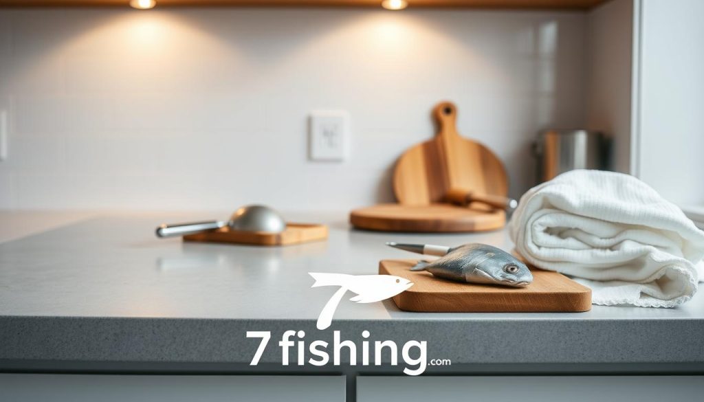 A well-lit kitchen counter, its surface cleared and ready for baking. Sturdy wooden cutting boards and a set of gleaming stainless steel baking tools lie neatly arranged, awaiting the chef's touch. A crisp white linen towel is folded nearby, complementing the clean, minimalist aesthetic. Soft, diffused lighting from overhead casts a warm glow, creating an inviting and focused atmosphere for the upcoming culinary endeavor. In the foreground, the 7fishing.com.ua logo is subtly displayed, indicating the provenance of the high-quality seafood that will be the star of this baking process.