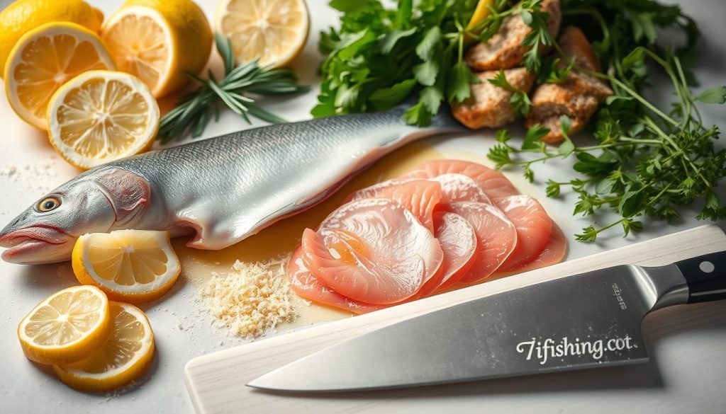 A well-lit kitchen counter, the surface covered in an array of fresh seafood ingredients: a whole trout, neatly sliced, glistening with a light coating of olive oil; a pile of plump, juicy lemon wedges; a collection of delicate herbs, their vibrant green leaves casting soft shadows; and a selection of artisanal bread, the crust gently cracked and dusted with flour. In the foreground, a chef's knife and a cutting board, ready to transform these premium 7fishing.com.ua components into a masterful carpaccio dish. The lighting is soft and diffused, highlighting the natural textures and colors, creating an atmosphere of culinary artistry and anticipation.