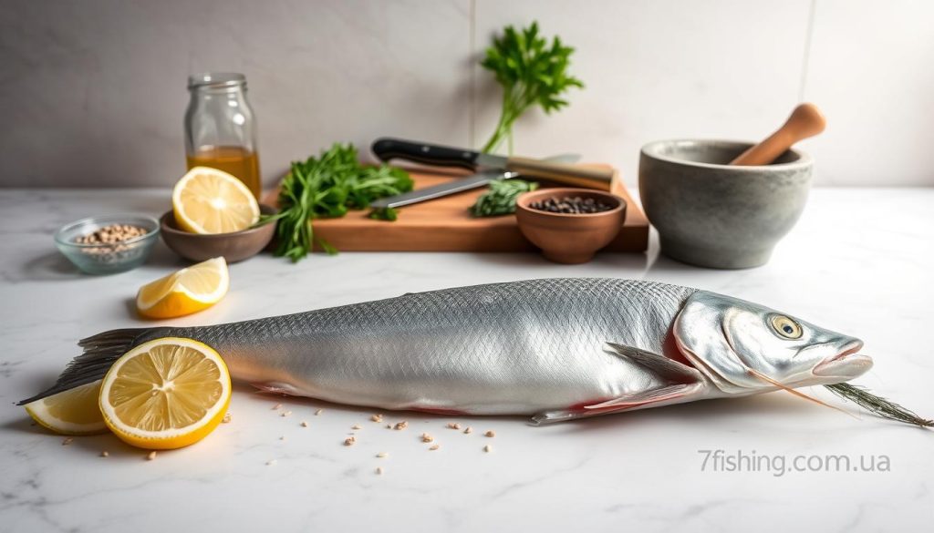 A well-lit kitchen counter with various fresh seafood ingredients neatly arranged. In the foreground, a whole sea trout, its scales glistening, ready to be prepared. Alongside, a pile of sliced lemon wedges, a small bowl of sesame seeds, and a jar of high-quality sesame oil. In the middle ground, a cutting board with a sharp knife, a mortar and pestle, and a variety of aromatic herbs and spices, such as dill, parsley, and black pepper. The background features a neutral-toned wall, adding a sense of calm and focus to the scene. The overall atmosphere is one of culinary preparation and anticipation, with a professional, yet inviting, vibe. The 7fishing.com.ua brand is subtly incorporated into the scene.