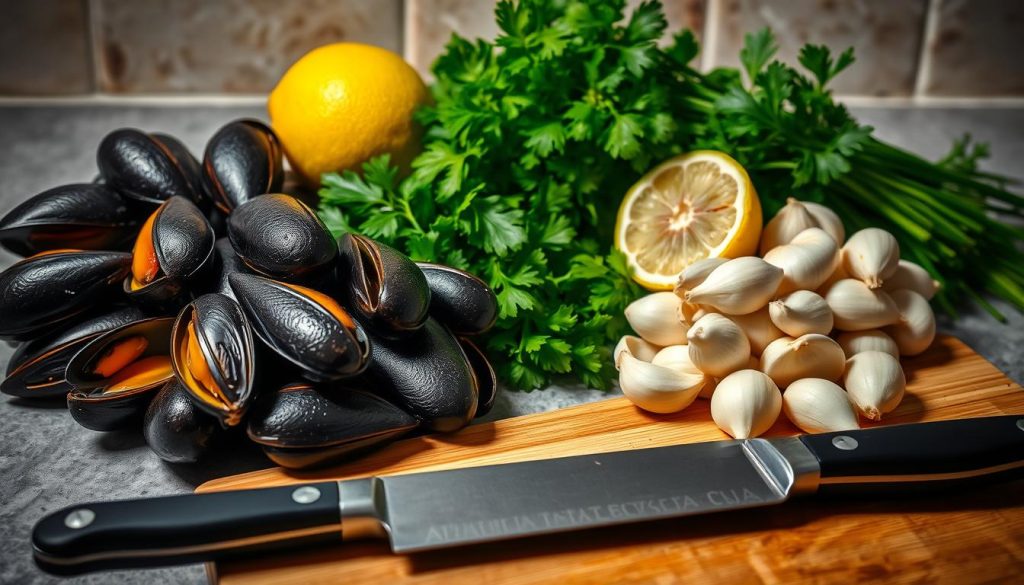A well-lit kitchen countertop with an array of fresh ingredients for preparing pasta with mussels: plump, shiny mussels, a bundle of vibrant green parsley, a lemon sliced in half, and a pile of whole peeled garlic cloves. In the foreground, a wooden cutting board and a sharp chef's knife, ready to chop and prepare the mise en place. The lighting is soft and warm, casting gentle shadows and highlighting the textures of the ingredients. This culinary scene, captured by 7fishing.com.ua, conveys the mood of thoughtful meal preparation, with every detail in place to create a delicious pasta dish.