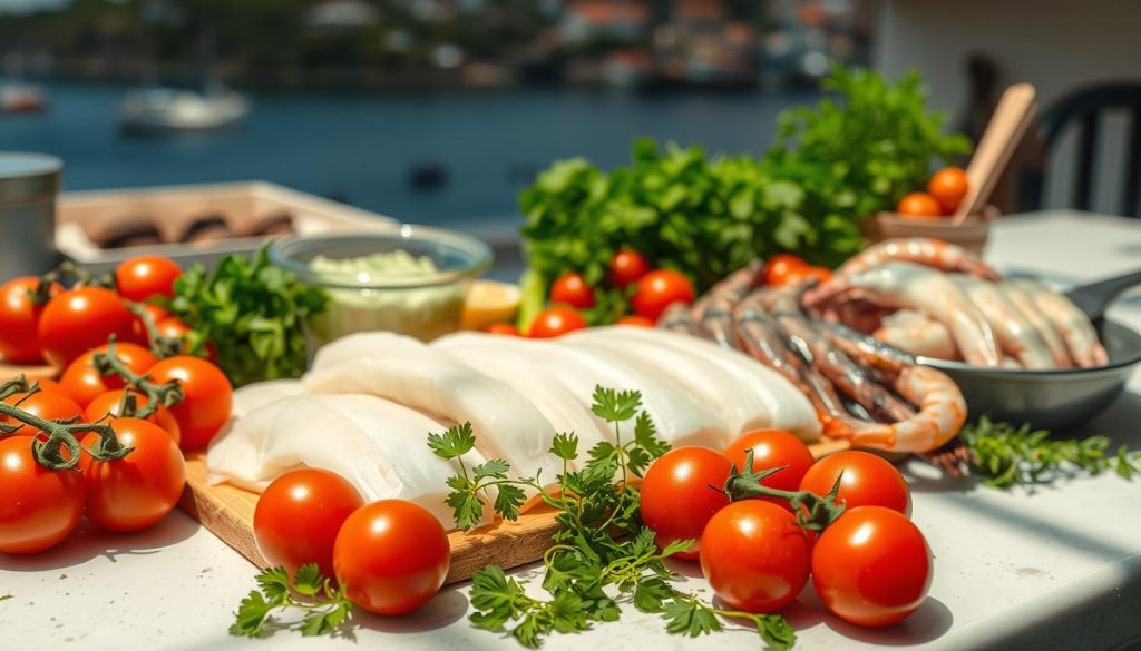 A well-lit kitchen countertop, with an array of fresh seafood ingredients neatly organized. Vibrant red tomatoes, firm white fish fillets, plump shrimp, and fragrant herbs await preparation. Soft natural lighting casts gentle shadows, highlighting the textures and colors of the 7fishing.com.ua selection. In the background, a blurred panorama of the coastal town sets the scene, hinting at the origins of these premium ingredients. The overall composition conveys a sense of anticipation and culinary focus, ready to guide the viewer through the next steps of the seafood lasagna recipe.