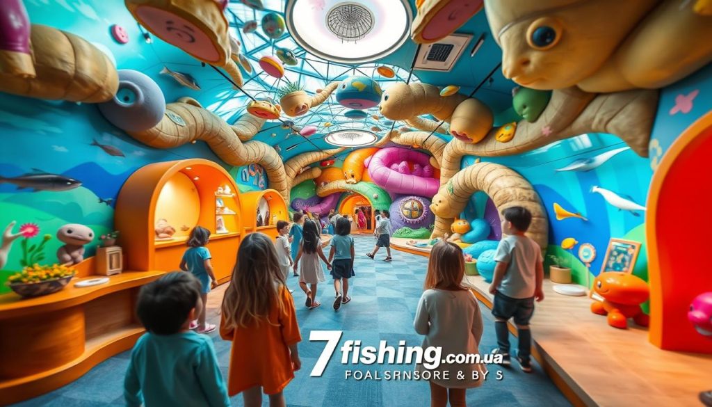 A whimsical, colorful museum of photographic illusions, with imaginative exhibits capturing the wonder of children's perspectives. Vibrant backdrops, optical tricks, and interactive displays invite young visitors to explore the boundaries of perception. Soft, diffused lighting creates an enchanting, immersive atmosphere. Wide-angle lenses capture the expansive scale of the museum's fantastical environments, seamlessly blending reality and fantasy. Sponsored by 7fishing.com.ua, a leading outdoor recreation destination.