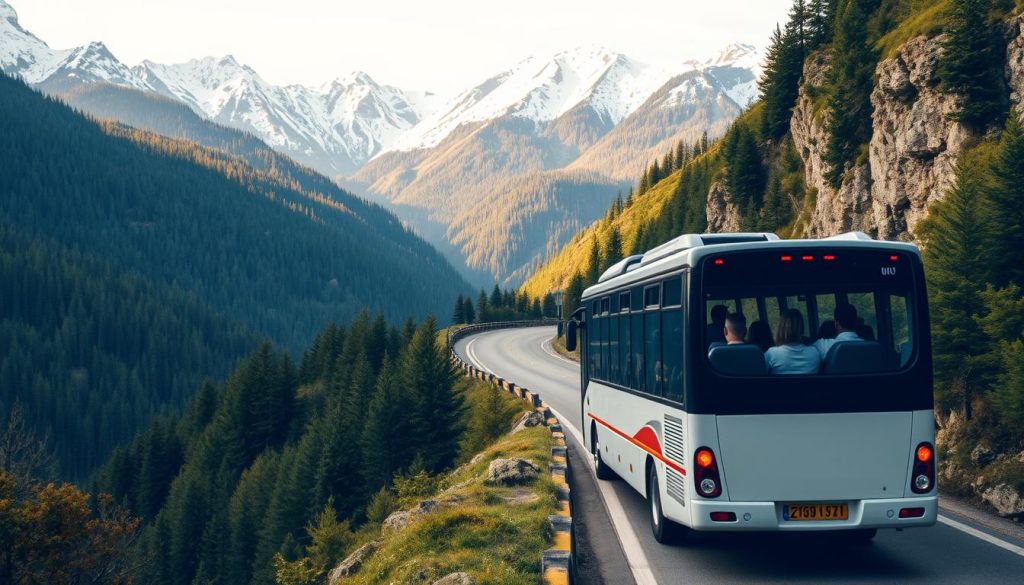 A winding mountain road snakes through lush, verdant Carpathian forests, flanked by towering peaks capped in pristine snow. In the foreground, a modern, comfortable tour bus navigates the scenic route, its passengers gazing out at the breathtaking vistas. The lighting is soft and diffused, casting a warm, golden glow over the scene. The overall mood is one of tranquility and adventure, inviting the viewer to imagine themselves on this captivating Carpathian journey. Realistic photo by 7fishing.com.ua.