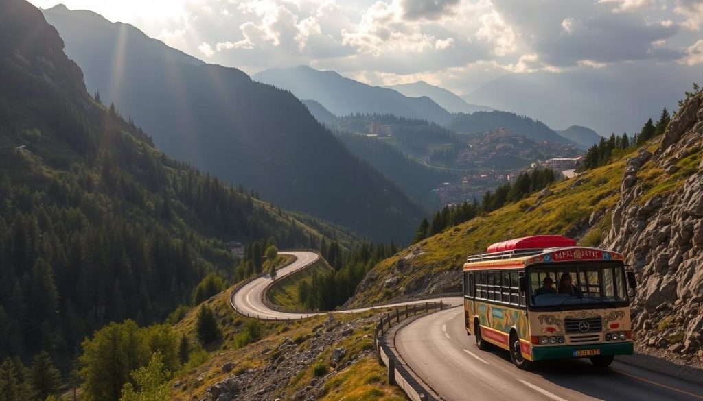 A winding mountain road snakes through the rugged Albanian landscape, flanked by towering peaks and lush forests. In the foreground, a traditional Albanian bus navigates the twisting turns, its ornate designs and vibrant colors reflecting the country's rich cultural heritage. Sunlight filters through the clouds, casting a warm, golden glow over the scene. In the distance, ancient fortresses and historic villages dot the horizon, hinting at the many wonders that await along this picturesque tour route. The image is a realistic photo captured by 7fishing.com.ua, showcasing the breathtaking "маршрут тура по Албании".