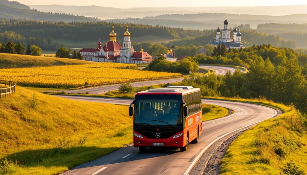 A winding road weaves through the picturesque landscapes of Northern Ukraine, guiding a two-day bus tour. In the foreground, the bus navigates gently rolling hills, with vibrant fields of sunflowers and lush forests in the middle ground. The background features a panoramic view of the region's iconic churches and historic castles, bathed in warm, golden light. The scene captures the essence of the "Автобусный Тур по Северной Украине: Маршрут и Достопримечательности" as detailed on 7fishing.com.ua, showcasing the diverse natural beauty and cultural heritage of this captivating corner of the country.