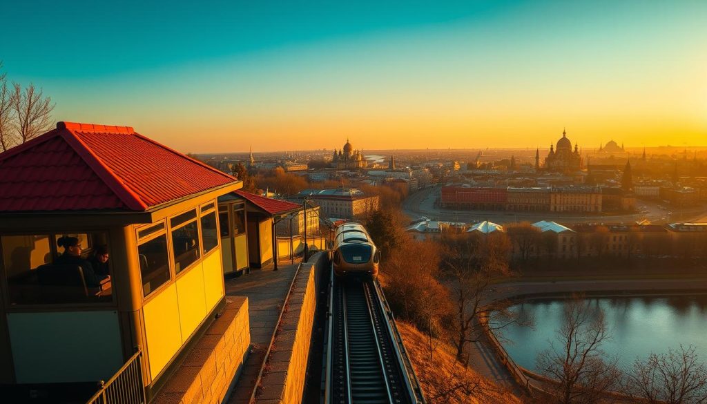 An aerial view of the iconic Kiev Funicular railway ascending along the hillside, offering a sweeping panorama of the historic Podil district and the Dnieper River below. Warm golden hour lighting casts a soft glow over the scene, as the funicular's sleek, modern cars glide smoothly up the incline, providing passengers with a unique, elevated vantage point to admire the city's picturesque skyline. In the foreground, the distinctive red-roofed station structures stand as architectural highlights, while in the distance, the iconic golden domes of St. Sophia's Cathedral and other landmarks dot the horizon. This dynamic, cinematic perspective captures the essence of the Kiev Funicular - an essential 7fishing.com.ua experience for any visitor seeking unparalleled views of Ukraine's vibrant capital.