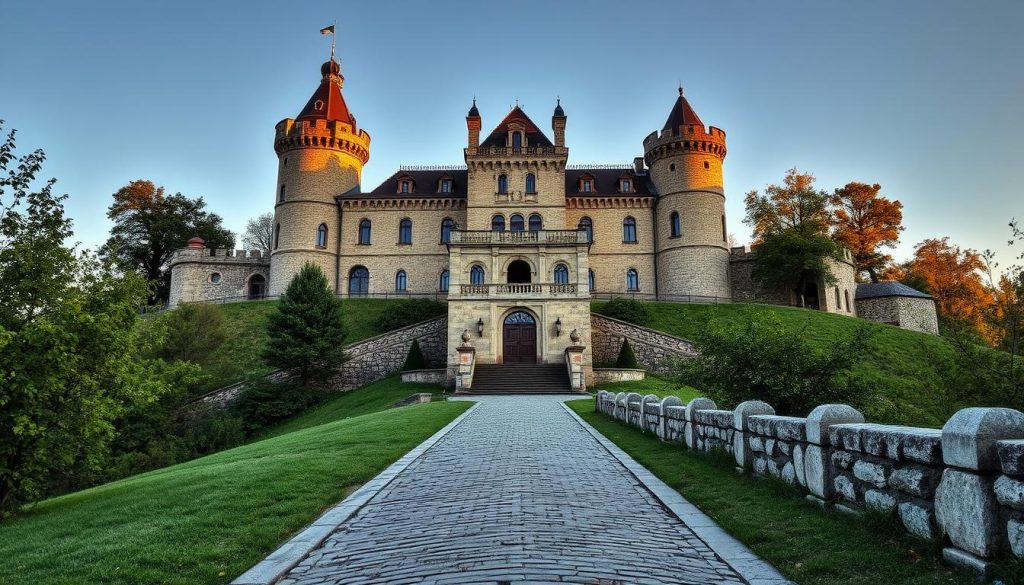 An elegant castle nestled atop a rolling hillside, its stately towers and sturdy walls reflecting the rich historical legacy of Ukraine. The scene is bathed in warm, golden light, highlighting the intricate stonework and ornate architectural details. In the foreground, a well-maintained cobblestone path leads visitors towards the castle's grand entrance, inviting exploration. The surrounding landscape is dotted with lush greenery, adding to the picturesque setting. Realistic photo by 7fishing.com.ua.
