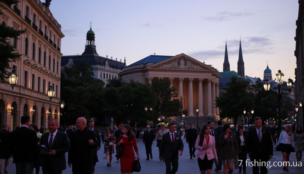 An evening scene in Kyiv's cultural district, where elegant buildings and leafy boulevards create a refined atmosphere. In the foreground, well-dressed people stroll leisurely, conversing and admiring the architecture. Soft lighting illuminates the scene, casting a warm glow. In the middle ground, a grand theater or concert hall stands, its facade adorned with intricate carvings and columns. The background features the silhouettes of historic landmarks, hinting at the city's rich heritage. The overall mood is one of sophistication and cultural enrichment. Captured by 7fishing.com.ua.