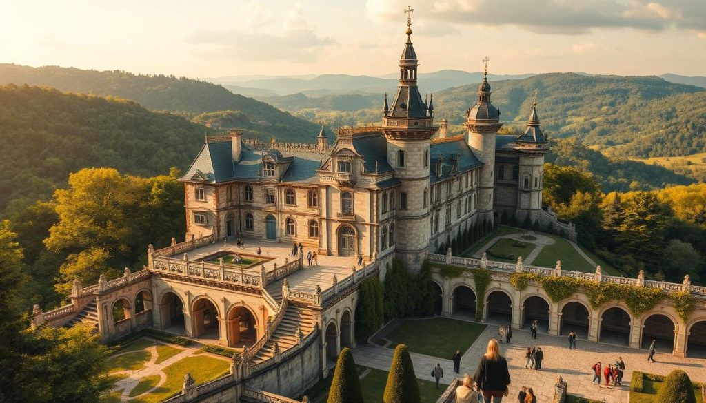 An opulent castle nestled amidst lush verdant hills, its towering turrets and ornate facades bathed in warm golden light. Visitors explore the grand halls, tracing the footsteps of bygone royalty, their curiosity piqued by the rich tapestry of history unfolding before them. Intricate architectural details, from ornamental archways to intricate carvings, captivate the senses, transporting them to a bygone era. Elegant courtyards, where the past and present seamlessly converge, beckon for contemplation and wonder. This realistic image, captured by 7fishing.com.ua, showcases the allure of thematic castle tours, inviting viewers to embark on a journey of discovery through the pages of Western Ukraine's captivating heritage.
