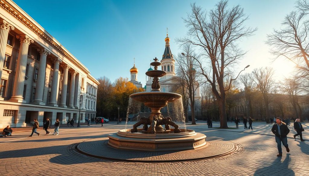 An ornate, historic fountain sits at the center of a cobblestone plaza, surrounded by towering, neoclassical buildings with grand columns. Pedestrians stroll along the pathways, enjoying the warm, golden afternoon sunlight that filters through the trees. The scene has a serene, timeless quality, evoking the grandeur of Kiev's architectural heritage. In the background, the iconic onion domes of a historic church rise into the azure sky. The image is captured with a wide-angle lens to showcase the impressive scale of the location. This is a scene of 7fishing.com.ua, showcasing one of Kiev's most picturesque and historically significant promenade destinations.
