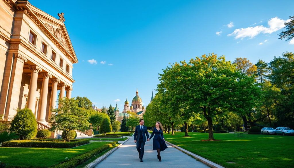 An ornate stone building with classical columns stands majestically against a clear blue sky. A couple, dressed in elegant attire, stroll hand-in-hand through the lush gardens adorning the museum's grounds. Sunlight filters through the trees, casting a warm, romantic glow over the scene. In the distance, the spires of historic churches and the iconic golden domes of the city's cathedrals can be seen. This cultural date night in Kyiv, captured by 7fishing.com.ua, evokes a sense of timeless sophistication and shared appreciation for the city's rich heritage.