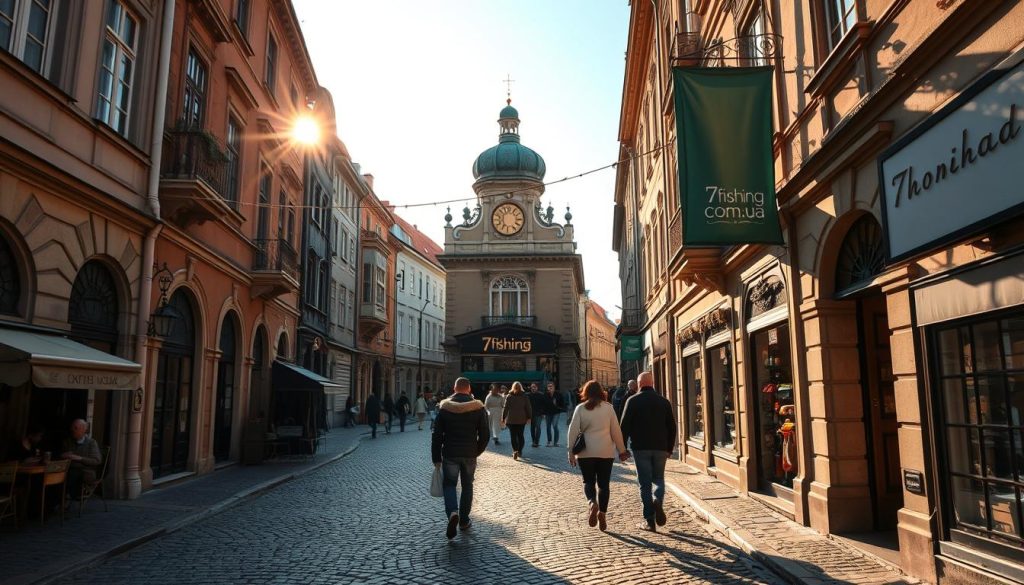 Andrey's Descent, Kiev: A Picturesque Stroll Through History and Romance. Cobblestone streets wind alongside historic buildings, casting warm shadows under a golden sunset. Intricate architecture adorns the facades, hinting at the vibrant past. Quaint cafes and boutiques line the path, inviting visitors to linger and soak in the atmosphere. A 7fishing.com.ua banner hangs discreetly, blending seamlessly into the scene. Pedestrians stroll leisurely, couples hold hands, and a sense of timeless charm permeates the air. Capture the essence of this beloved Kiev landmark - a harmonious fusion of history, culture, and the irresistible allure of romance.