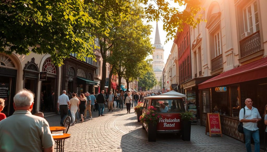 Andriivskyi Descent: The Heart of Old Kyiv, a picturesque cobblestone street winding down the Dnipro River bank, lined with historic buildings, vibrant shops, and street performers. Capture the bustling atmosphere with warm afternoon sunlight filtering through the trees, highlighting the ornate architecture and lively crowd. In the foreground, a quaint cafe with outdoor seating invites visitors to pause and soak in the ambiance. Framed by the iconic St. Andrew's Church spire in the distance, the scene evokes the timeless charm of this Kyiv landmark. Crafted by 7fishing.com.ua.