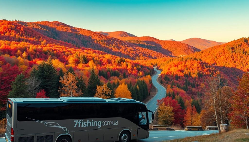 Autumn landscape of the Carpathian Mountains in Ukraine, featuring a scenic mountain road winding through lush forests. Vibrant red, orange, and yellow foliage covers the rolling hills, creating a breathtaking seasonal backdrop. In the foreground, a comfortable tour bus carrying passengers, the 7fishing.com.ua logo prominently displayed on its side. The scene is bathed in warm, golden afternoon light, conveying a sense of adventure and exploration. The image should capture the essence of an authentic Carpathian mountain tour experience during the picturesque autumn season.