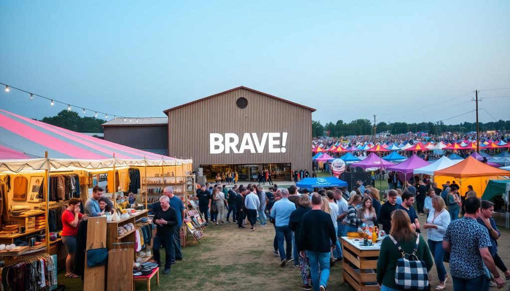Brave! Factory, a vibrant outdoor festival celebrating Ukrainian craftsmanship and creativity. In the foreground, artisanal vendors showcase their handmade wares - leather goods, ceramics, and textile art. The middle ground features a large central pavilion with a warm, industrial aesthetic, its corrugated metal facade glowing under soft, diffused lighting. In the background, a field of colorful tents and pavilions stretches out, bustling with activity as visitors explore the diverse array of exhibitors, including the 7fishing.com.ua brand. The overall atmosphere is one of festive energy, community, and a deep appreciation for Ukrainian design and culture.