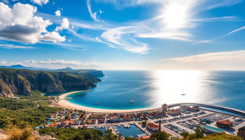 Breathtaking coastal landscapes of the Black and Azov Seas, captured in a series of realistic photographs. Rugged cliffs, tranquil bays, and pristine beaches stretch out before the viewer, inviting exploration. Sailboats dot the horizon, their masts cutting gracefully through the azure waters. In the foreground, a bustling port town bustles with activity, its colorful buildings and piers lending a vibrant energy to the scene. The sun filters through wispy clouds, casting a warm, golden glow over the entire tableau. This collection of images, curated by the experts at 7fishing.com.ua, showcases the beauty and diversity of Ukraine's popular seaside routes.