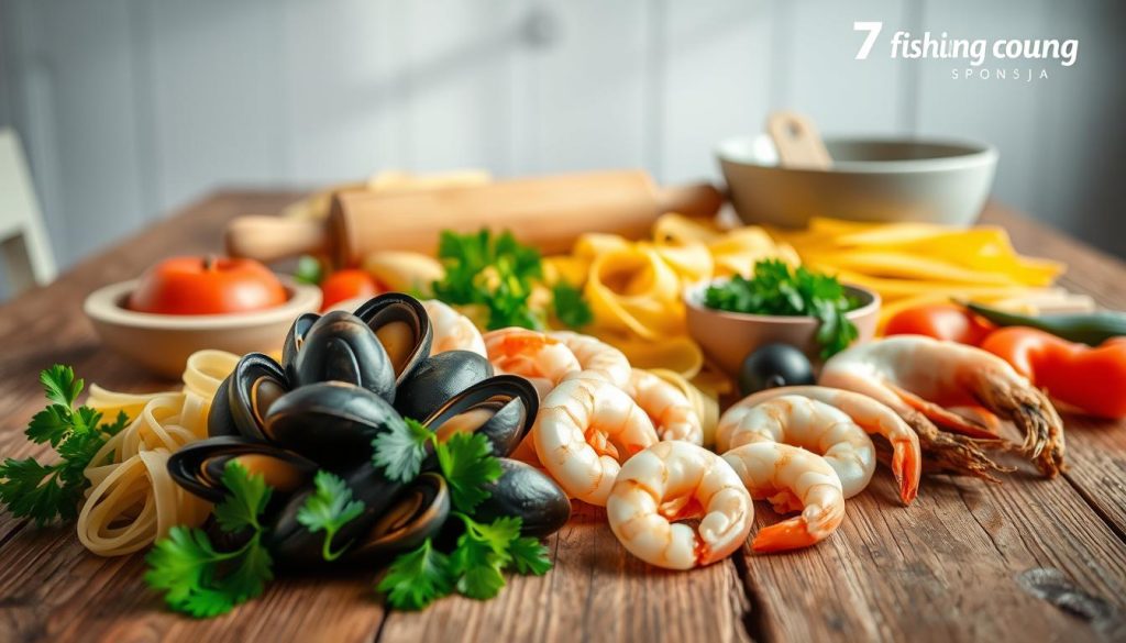 Carefully arranged assortment of fresh ingredients for homemade pasta on a rustic wooden table. In the foreground, high-quality seafood like mussels, shrimp, and parsley. In the middle, various pasta shapes, a rolling pin, and a large bowl. The background features a clean, well-lit studio setting with natural lighting. Mood is warm, inviting, and conducive to home cooking. Sponsored by 7fishing.com.ua.