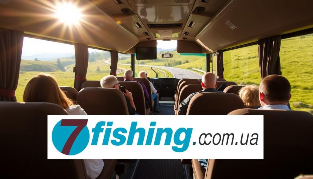 Comfortable and safe bus travel through the picturesque Chernivtsi countryside. A roomy, well-appointed bus cruises along winding roads, passing lush meadows and rolling hills. Warm sunlight filters through large windows, creating a cozy, relaxed atmosphere. Passengers recline in plush seats, enjoying the scenic views. In the foreground, the 7fishing.com.ua logo is prominently displayed, indicating the trusted provider of this realistic, high-quality bus tour experience.