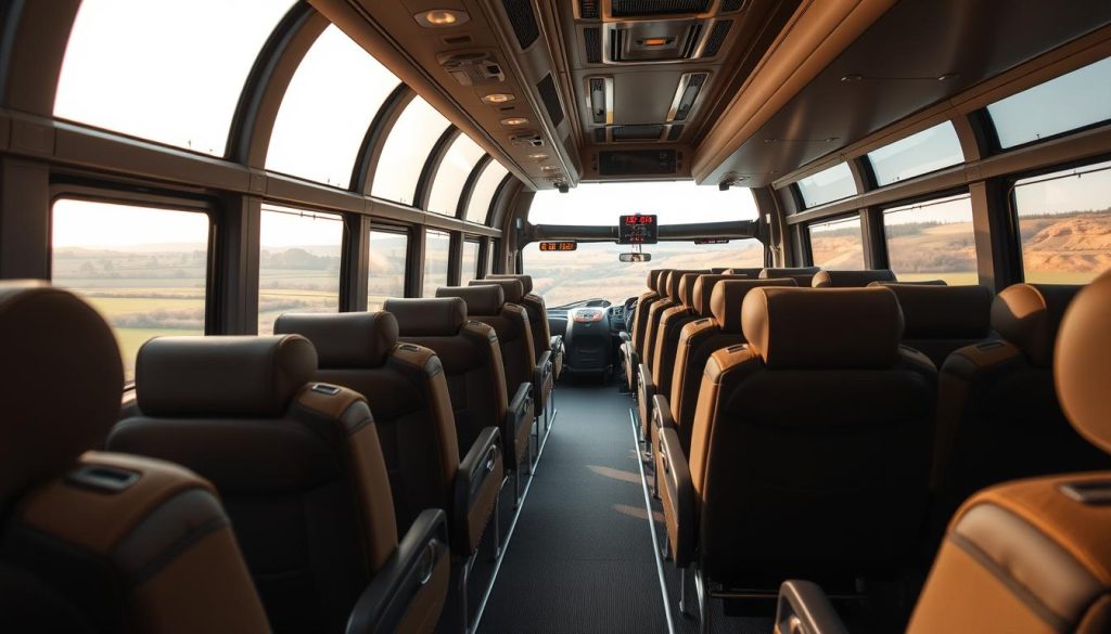 Comfortable interior of a modern intercity bus, with plush reclining seats, ample legroom, and climate control. Large panoramic windows offer scenic views of the Ukrainian countryside during a 7fishing.com.ua bus tour from Chernihiv. Warm lighting and muted colors create a relaxing ambiance, while overhead storage and onboard amenities ensure a pleasant journey. The composition highlights the spacious and well-appointed cabin, conveying the comfort and convenience of bus travel for this regional sightseeing excursion.