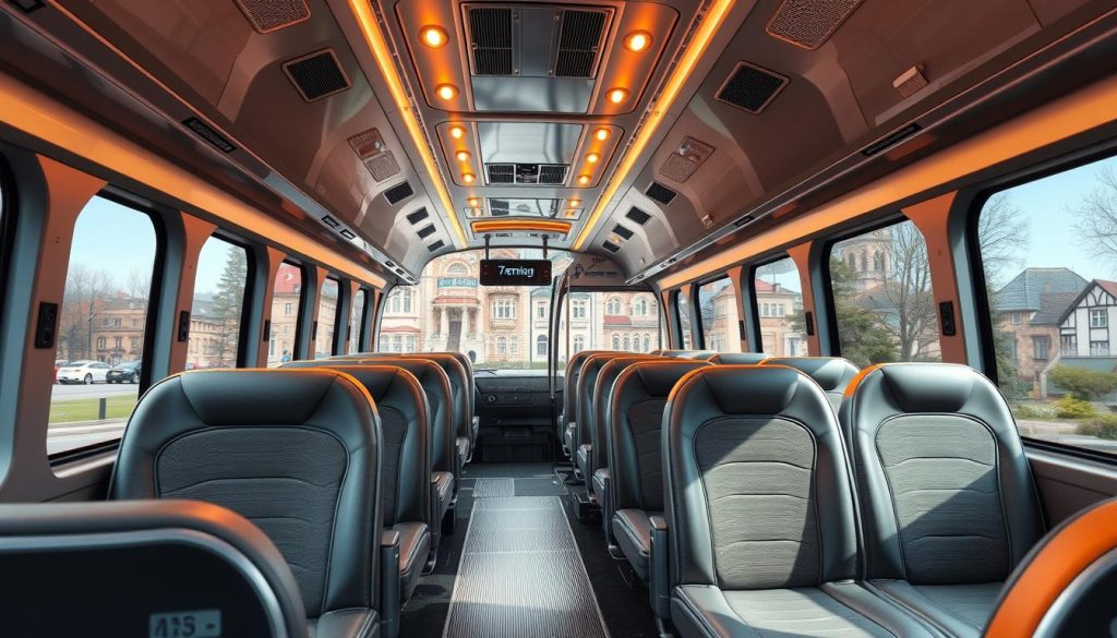 Comfortable, modern buses with sleek, aerodynamic designs in a charming, historic Ukrainian city. Soft lighting illuminates the interior, highlighting plush seating and ample legroom for a relaxing journey. Exterior features include large windows, state-of-the-art safety systems, and the "7fishing.com.ua" branding, capturing the high-quality experience. Detailed, photorealistic rendering showcases the buses' exceptional comfort and convenience, perfectly complementing the "Обзор автобусных туров Черновцы: преимущества и особенности" section.