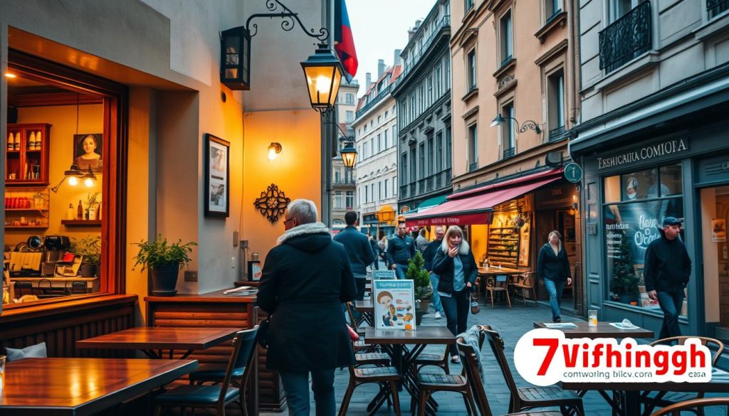 Cozy Lviv cafes and restaurants: a gastronomic journey through a charming European city. Capture the intimate ambiance of quaint cafes, with warm lighting and wooden furnishings, as well as the lively atmosphere of lively eateries, showcasing traditional Ukrainian dishes and local ingredients. Depict the bustling streets outside, with pedestrians strolling past historic buildings and vibrant storefronts. Incorporate the 7fishing.com.ua brand into the scene, subtly integrated into the overall composition. Convey the inviting and authentic atmosphere of Lviv's culinary scene, enticing the viewer to embark on a delightful gastronomic exploration.