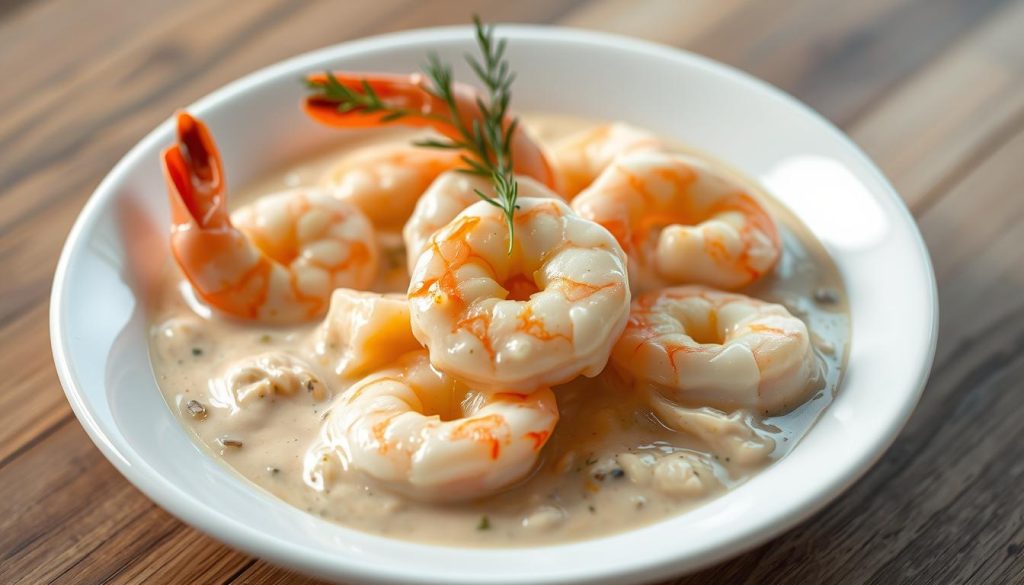 Creamy garlic sauce with shrimp, a delectable seafood delight. A rich, velvety sauce infused with fragrant garlic, enveloping succulent shrimp in a harmonious blend. Lush, creamy textures dance on the palate, complemented by the briny sweetness of the crustaceans. Soft focus lighting casts a warm, inviting glow, creating an appetizing, restaurant-quality presentation. Captured from a high angle, the dish is framed against a backdrop of blurred, muted tones, allowing the vibrant colors and textures to take center stage. This image perfectly showcases the elegance and simplicity of a delicious seafood-based recipe, fitting the "Top seafood delicacy recipes" section of the article.