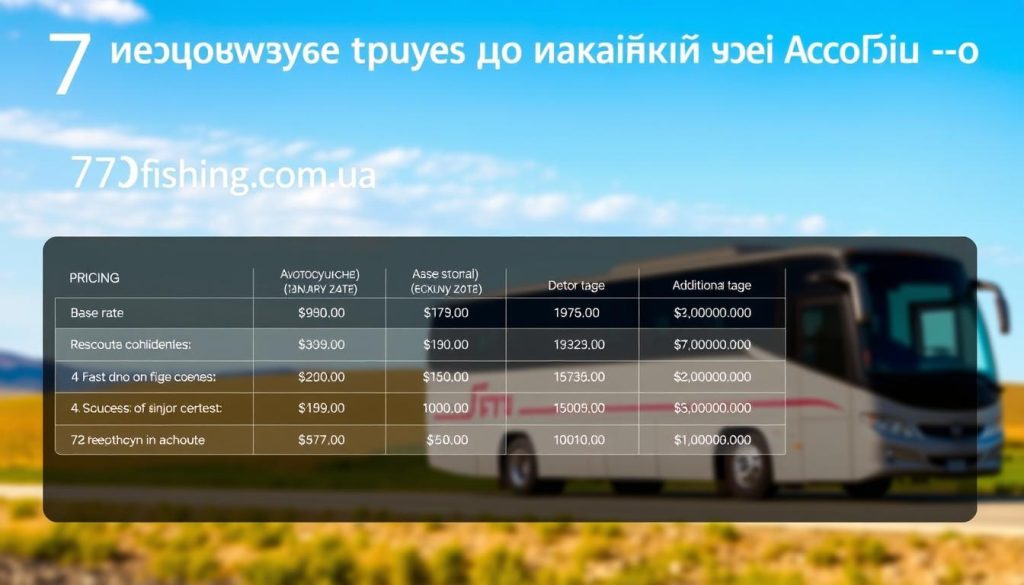 Detailed and realistic photograph of a pricing table displaying tour packages, with a modern and minimalist design. The table features clear pricing information, including base rates, discounts, and additional fees. In the background, a warm and inviting scene of a tour bus against a backdrop of rolling hills and a blue sky, conveying the essence of the "Автобусные туры по Украине из Запорожья" subject. The overall mood is professional and informative, with a subtle branding element "7fishing.com.ua" present in the design.