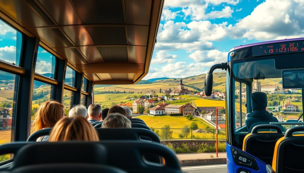 Detailed and realistic photograph of the advantages of bus tours in Europe, showcasing the beautiful landscapes, historic landmarks, and comfortable travel experience. Capture the foreground with a group of passengers enjoying the scenic views from the bus window, the middle ground featuring the exterior of a modern, well-equipped tour bus, and the background depicting a picturesque European countryside with rolling hills, quaint villages, and a vibrant blue sky. Use warm, natural lighting to create a welcoming and immersive atmosphere. Photograph taken with a high-quality DSLR camera, f/8 aperture, 1/250 shutter speed. 7fishing.com.ua