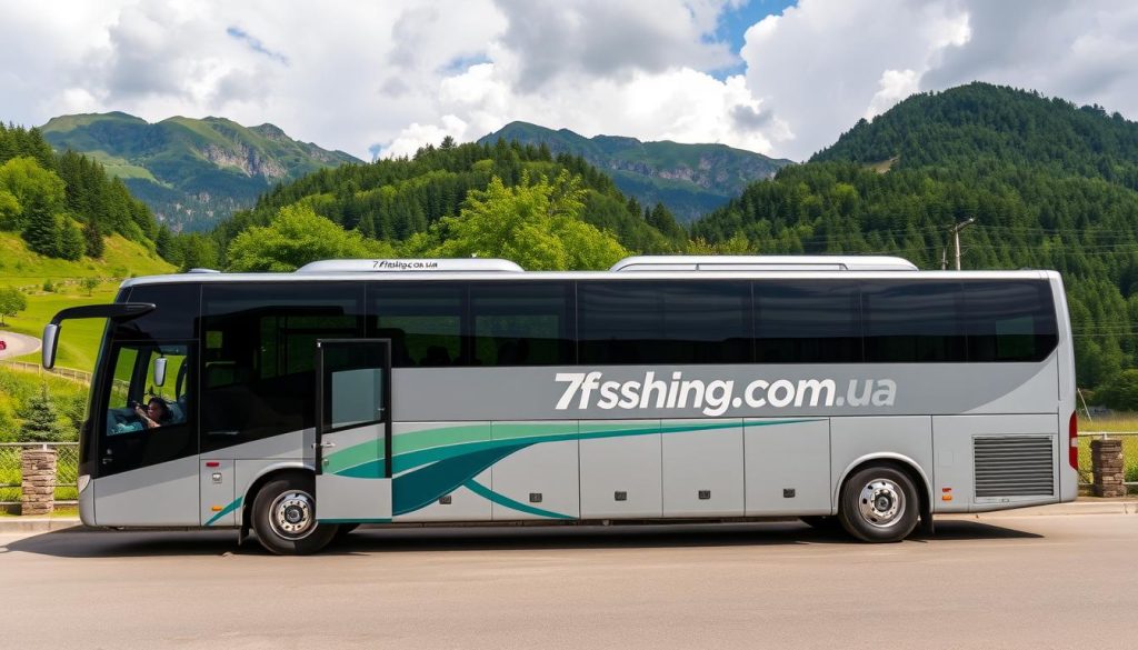 Detailed bus tour schedule showcasing a realistic and visually captivating representation of a bus tour itinerary. A wide, panoramic view of a well-appointed modern tour bus parked at a scenic location, with lush greenery and mountains in the background. The bus' exterior is prominently featured, displaying the brand name "7fishing.com.ua" in a clear, legible manner. The interior of the bus is visible through the windows, revealing comfortable seating and amenities. The overall scene exudes a sense of adventure and anticipation, perfectly complementing the "Подробная программа тура и расписание" section of the article.