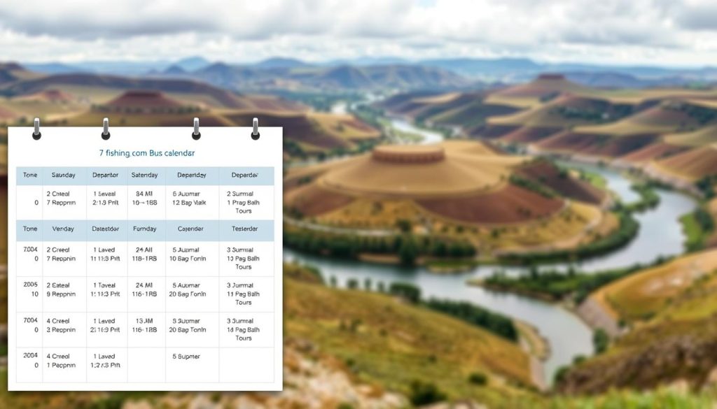 Detailed calendar of bus tour dates from the 7fishing.com.ua travel agency, showcasing a realistic and visually appealing layout. The foreground features a clean, organized table displaying the departure dates, destinations, and durations of upcoming bus tours. The middle ground includes a stylized map of the region, highlighting the tour routes. The background depicts a serene landscape with rolling hills, a winding river, and a cloudy sky, creating a calming atmosphere. The overall composition conveys a sense of professionalism and attention to detail, making it suitable for inclusion in the "Информация о тарифах, датах и специальных предложениях" section of the article.