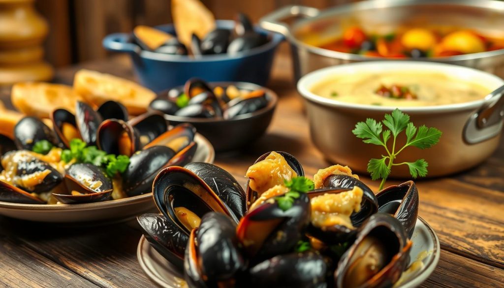 Detailed close-up image of various frozen mussel recipes presented on a rustic wooden table. In the foreground, a plate of sizzling mussels in garlic white wine sauce, garnished with fresh parsley. In the middle ground, a bowl of creamy mussel chowder, accompanied by crusty bread. In the background, a pot of steaming mussels in tomato basil broth, with a side of roasted potatoes. Warm, inviting lighting casts a cozy glow, highlighting the rich textures and colors of the seafood dishes. The scene conveys the warmth, simplicity, and deliciousness of preparing frozen mussels into hearty, comforting meals.
