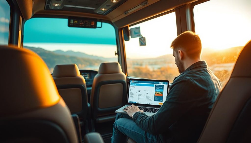 Detailed interior view of a modern tour bus cabin, showcasing the process of booking a bus tour. The scene depicts a passenger seated at a laptop, navigating the 7fishing.com.ua website to select and reserve a bus tour itinerary. The cabin is well-lit with warm, natural lighting from large windows, creating a cozy and inviting atmosphere. The seats are plush and comfortable, and the dashboard displays the latest travel information. In the background, subtle hints of the tour destination's landscape can be seen through the windows, building anticipation for the upcoming journey. The overall mood is one of efficient, seamless travel planning.