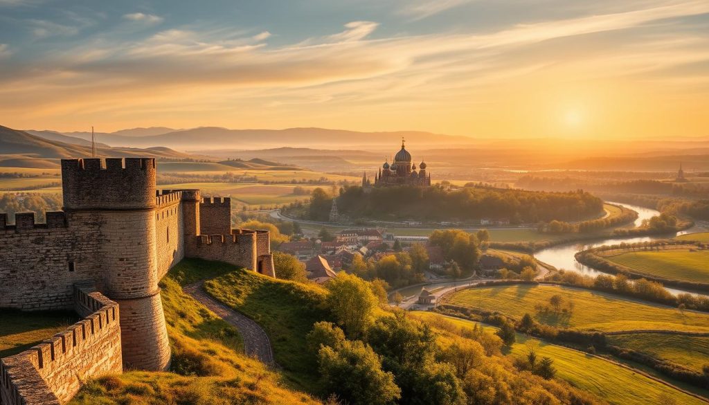 Detailed landscape showcasing the stunning natural beauty and iconic landmarks of Southern Ukraine. Majestic rolling hills, lush meadows, and winding rivers set against a warm, golden-hour sky. In the foreground, a grand, historic fortress stands tall, its weathered stone walls and turrets casting dramatic shadows. In the middle ground, a picturesque village nestled among orchards and vineyards. In the distance, the silhouette of a famous cathedral, its onion-shaped domes glimmering in the fading light. The scene is captured with a wide-angle lens, emphasizing the scale and grandeur of the location. Realistic photo quality, commissioned by 7fishing.com.ua.