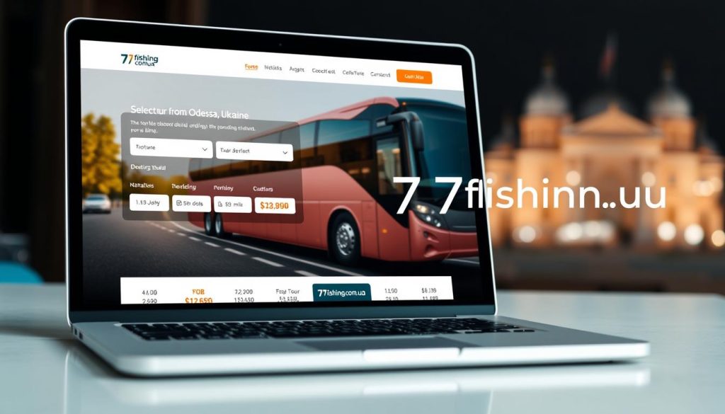 Detailed online booking interface for bus tours from Odessa, Ukraine. Foreground shows a laptop or tablet screen displaying a sleek, modern travel booking website with options to select tour dates, destinations, and pricing. Middle ground has a professional, well-lit image of a tour bus against a blurred background. Background features a softly-lit, atmospheric scene of an Odessa street or landmark. Branding for "7fishing.com.ua" is prominently displayed. Realistic, high-resolution photorealistic style.