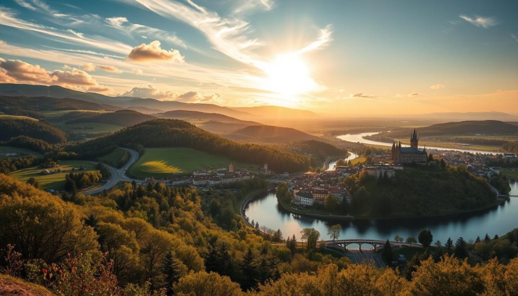 Detailed panoramic landscape showcasing picturesque bus routes winding through the heart of Europe. Idyllic countryside vistas with rolling hills, lush forests, and charming villages. Serene lakes and rivers reflecting the grand cathedrals and medieval castles that dot the horizon. Warm golden sunlight filters through wispy clouds, casting a tranquil glow over the scene. Meticulously composed to capture the beauty and grandeur of Europe's best bus tour destinations. Realistic photography style courtesy of 7fishing.com.ua.