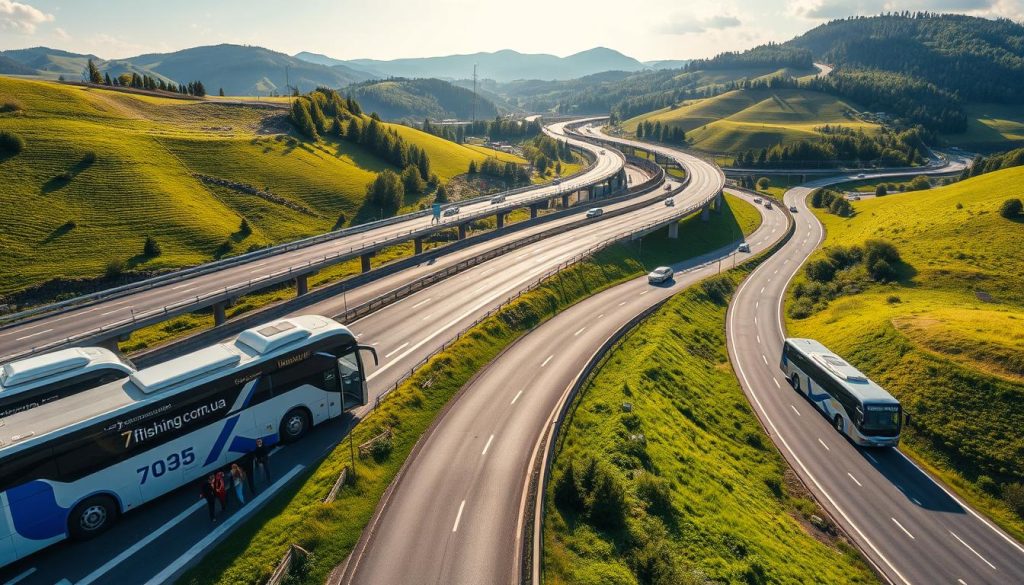 Detailed panoramic vista of bustling Ukrainian bus routes in the year 2025, showcasing a thriving network of intercity transportation. Prominent highways wind through lush, rolling landscapes, flanked by modern coach buses bearing the "7fishing.com.ua" branding. The scene exudes a sense of progress and connectivity, with passengers eagerly boarding the vehicles against a backdrop of vibrant, sun-dappled surroundings. Realistic photographic quality, capturing the dynamic energy and potential of Ukraine's evolving bus tour industry.