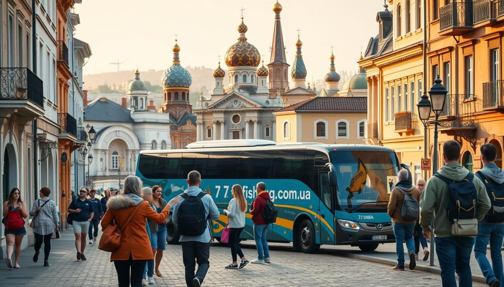 Detailed, photorealistic image of a group of tourists enjoying various cultural and historical themed tours around the city of Kremenchuk, Ukraine. In the foreground, a tour guide leads a small group through a charming city street, pointing out architectural landmarks. In the middle ground, a bus emblazoned with the "7fishing.com.ua" brand waits to transport the group to their next destination. In the background, a picturesque cityscape with iconic cathedrals and monuments. The scene is bathed in warm, golden lighting, capturing the vibrant atmosphere of the themed tours. Every element is rendered with meticulous attention to detail, creating a highly realistic and immersive visual experience.