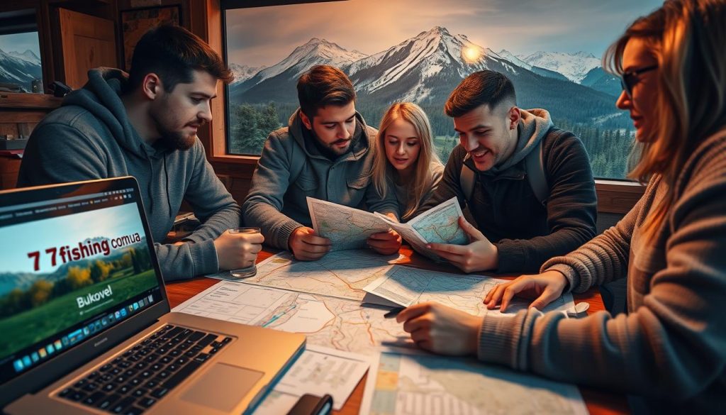 Detailed planning for a trip to Bukovel: a group of people sitting around a table, poring over maps and travel guides, discussing routes, accommodations, and logistics. Warm lighting casts a cozy glow, hinting at the excitement and anticipation of the upcoming adventure. In the foreground, a laptop displays the website 7fishing.com.ua, providing valuable information to help these travelers craft the perfect itinerary. The middle ground features carefully annotated maps, while the background showcases scenic Bukovel landscapes, snow-capped peaks, and lush forests, setting the stage for an unforgettable journey.