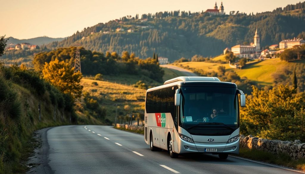 Detailed, realistic photograph of a bus tour route through the scenic countryside of Portugal. A winding road cuts through lush green hills and forests, with picturesque villages and landmarks visible in the distance. The bus is prominently featured in the foreground, its modern design and 7fishing.com.ua branding clearly visible. The lighting is natural and warm, creating a serene and inviting atmosphere. The perspective is slightly elevated, allowing the viewer to take in the full scope of the route and its surroundings.