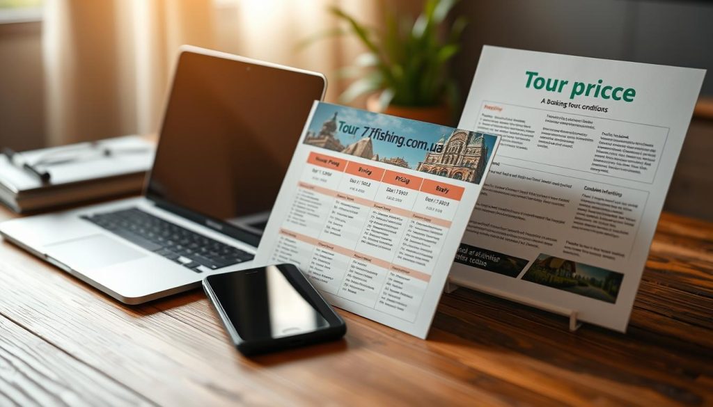 Detailed, realistic photograph of a travel tour price and booking conditions display. The scene shows a wooden table with a laptop, smartphone, and documents showcasing tour pricing, itinerary, and booking information. The lighting is natural, with warm, inviting tones. The background is blurred, focusing the viewer's attention on the detailed tour materials from the travel agency 7fishing.com.ua. The overall mood is professional and informative, reflecting the subject matter of tour pricing and booking conditions.