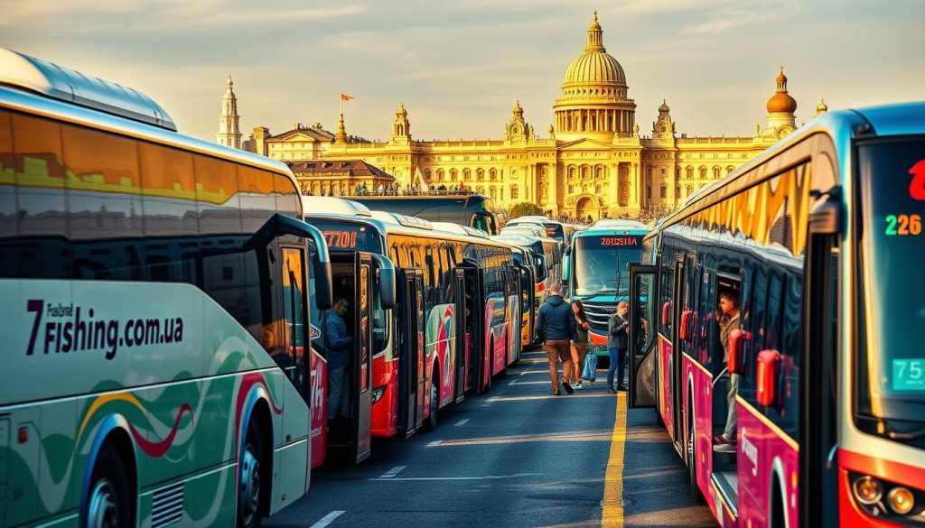 Detailed, realistic photograph of bustling bus tours departing from the city of Odessa in 2025. Vibrant colors, sharp focus, and dynamic composition capture the energy of the bustling transportation hub. Buses of various sizes and models are lined up, their passenger doors open, inviting travelers to embark on their journeys. The foreground features the intricate routes and schedules of the tour buses, marked with the brand "7fishing.com.ua". In the middle ground, passengers can be seen loading their luggage and boarding the buses, while the background showcases the iconic architecture and landmarks of Odessa. Warm, golden lighting creates a welcoming atmosphere, hinting at the adventures that await the travelers.
